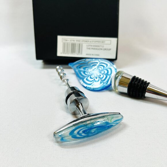 Art Glass Corkscrew & Stopper Set Teal White Iridescent Paragon Wine Accessories - Picture 4 of 11